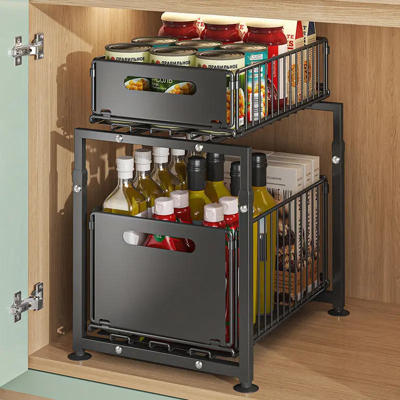 Under Cabinet Sink Storage Rack Kitchen Countertop Adjustable Height Storage Rack Sundries Flange Bottle And Jar Arrangement Rack Cross Border