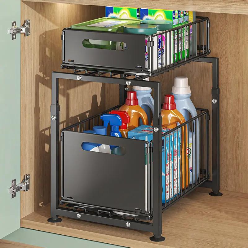 Under Cabinet Sink Storage Rack Kitchen Countertop Adjustable Height Storage Rack Sundries Flange Bottle And Jar Arrangement Rack Cross Border