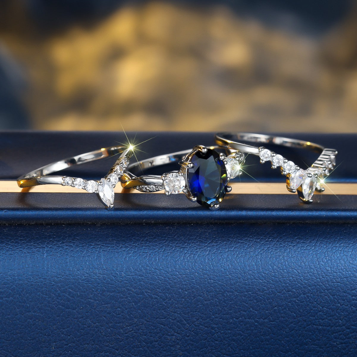 Platinum Egg-shaped Sapphire Blue Diamond Water Drop Shining Three-piece Unique Ring Maisonore