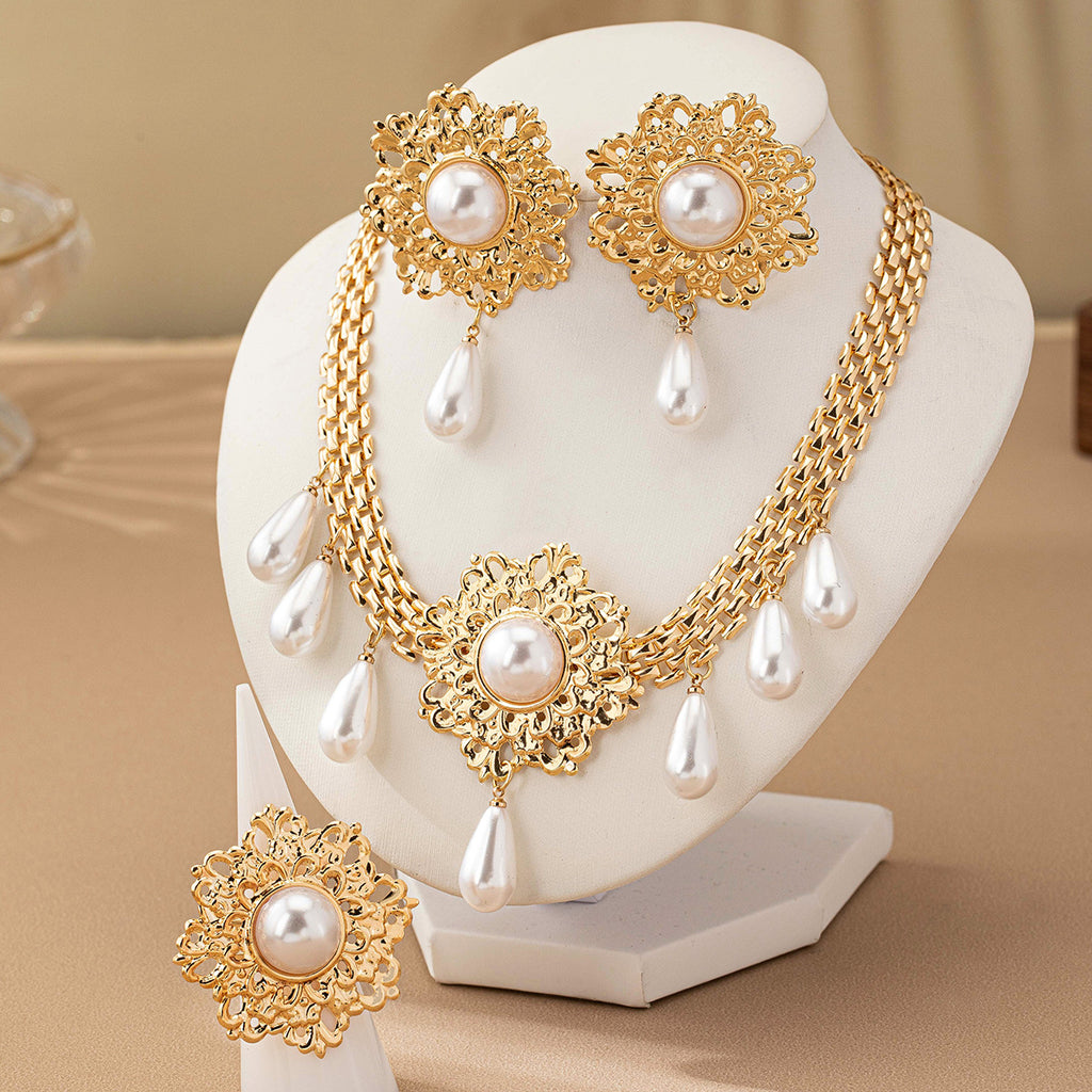 French Retro Hollow Flower Pearl Tassel Necklace Ear Stud Ring Maisonore