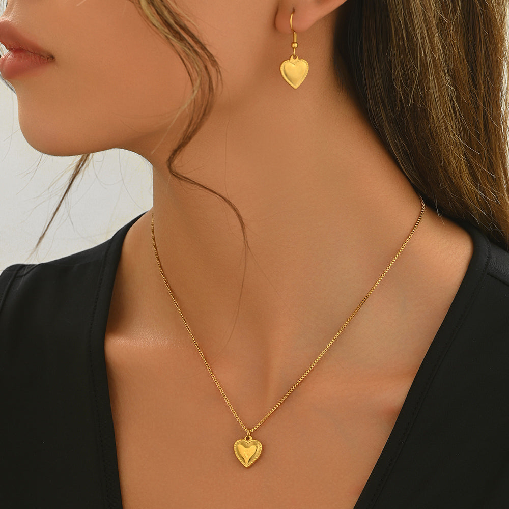 Lxalry 18K Gold Plated Stainless Steel Puffy Heart Pendant Necklace And Earrings Set For Women - Waterproof, Hypoallergenic, Cute Jewelry Gift For Birthday, Anniversary, Daily Wear, Summer Outfits Maisonore