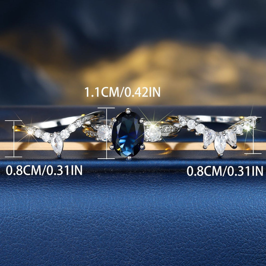 Platinum Egg-shaped Sapphire Blue Diamond Water Drop Shining Three-piece Unique Ring Maisonore