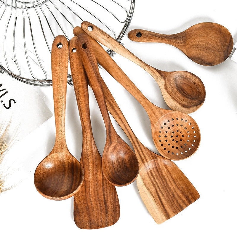 Teak natural wood tableware set featuring spoons, ladles, turners, rice colanders, soup skimmers, scoops, and other handy kitchen tools and gadgets. maisonore shop