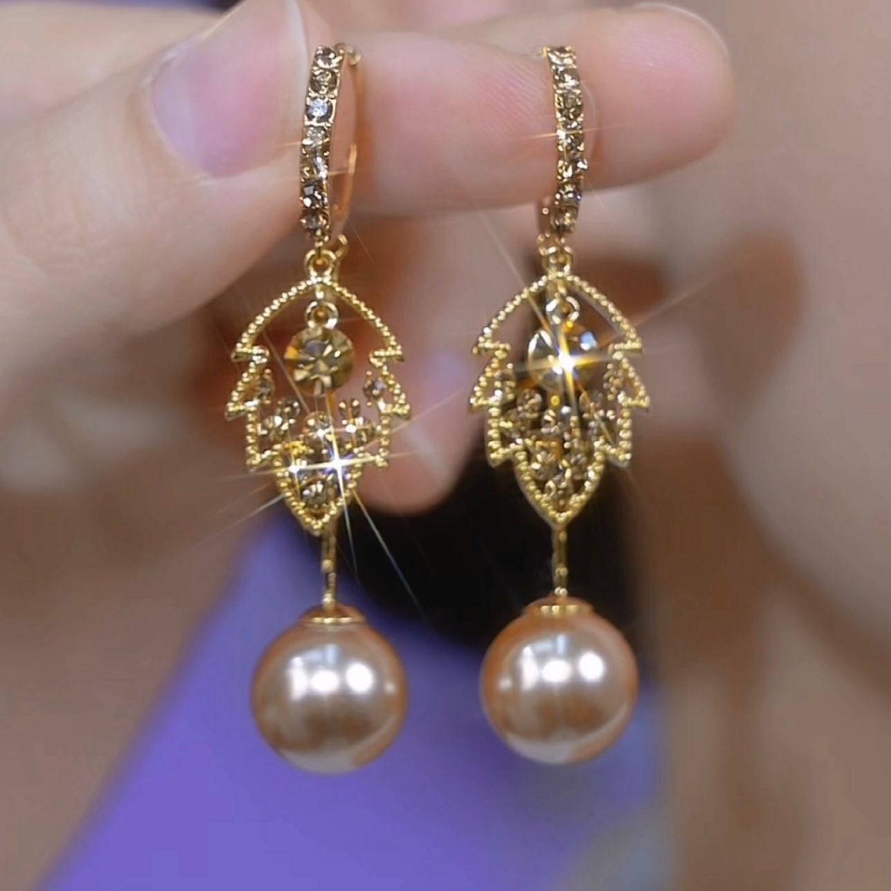 French Entry Lux High-grade Coffee Color Full Diamond Leaf Pearl Earrings Maisonore