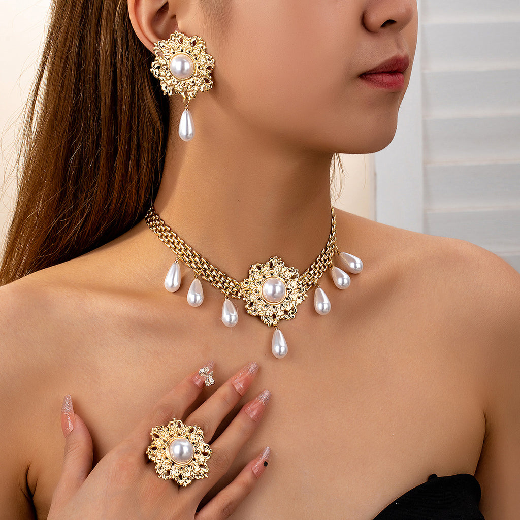 French Retro Hollow Flower Pearl Tassel Necklace Ear Stud Ring Maisonore