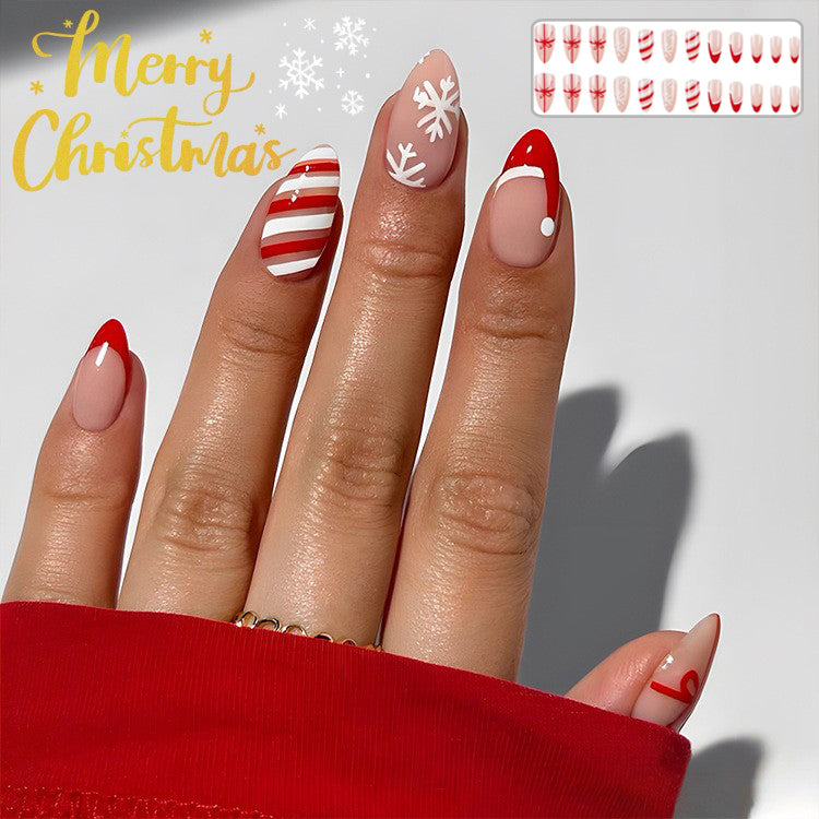 24pcs Christmas False Nails Hat Striped Snowflake Nail Art Stickers For Parties Dances Or Holiday Wear Maisonore