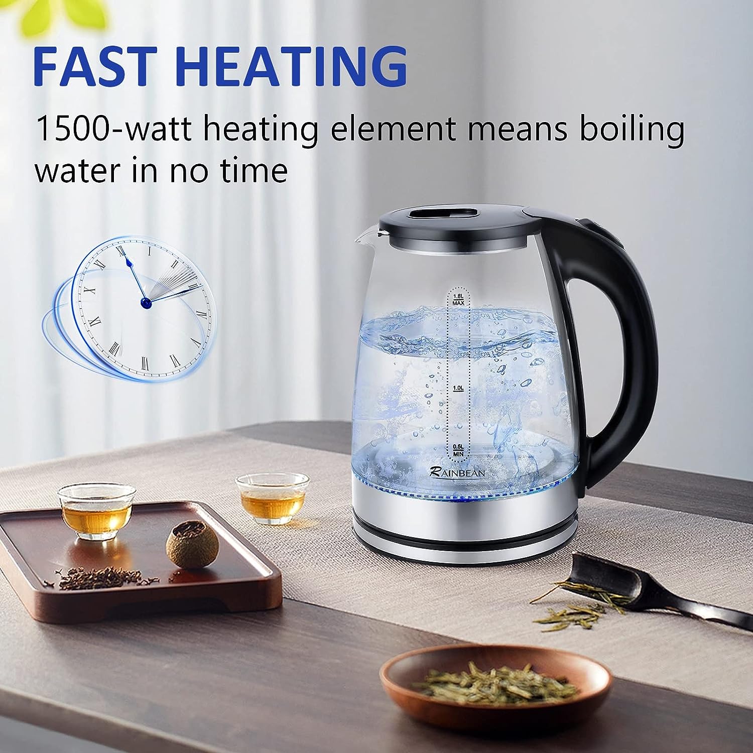 Electric Kettle Water Boiler, 1.8L Electric Tea Kettle, Wide Opening Hot Water Boiler With LED Light, Auto Shut-Off & Boil Dry Protection, Glass Black Maisonore