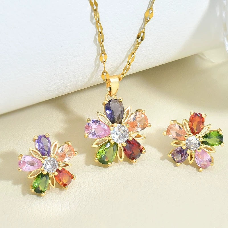 Gold Colorful Crystals Five-petal Flower Ear Stud Necklace Women Maisonore