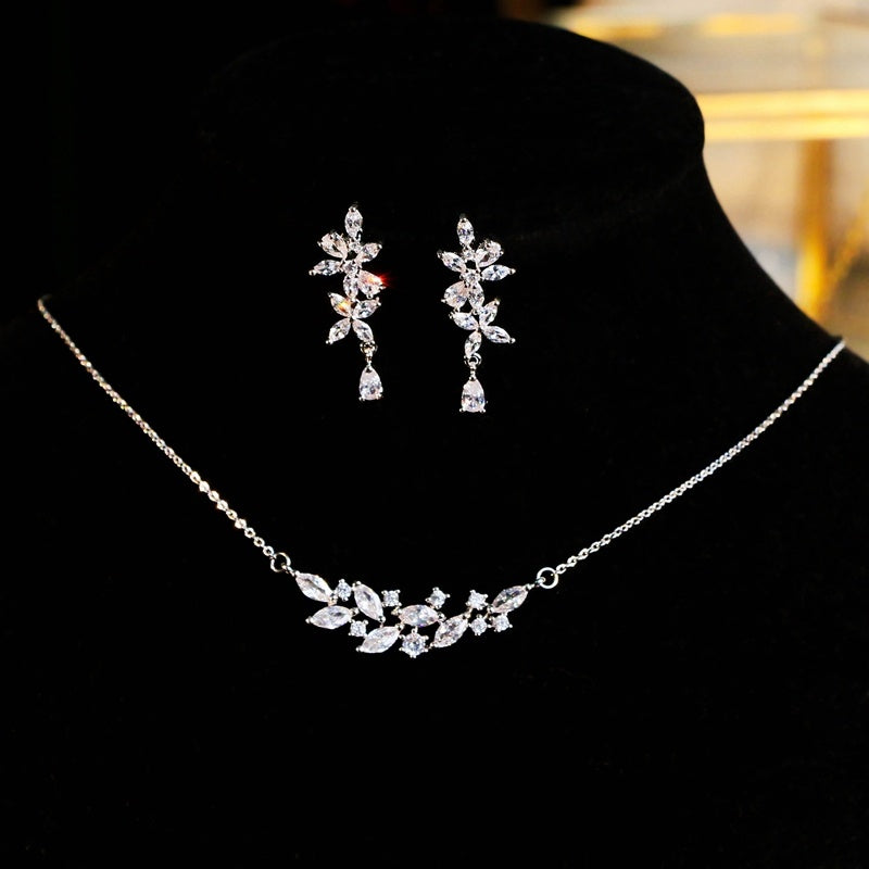 French Exquisite Zircon Leaves Super Fairy Bridal Wedding Necklace Earrings maisonore shop