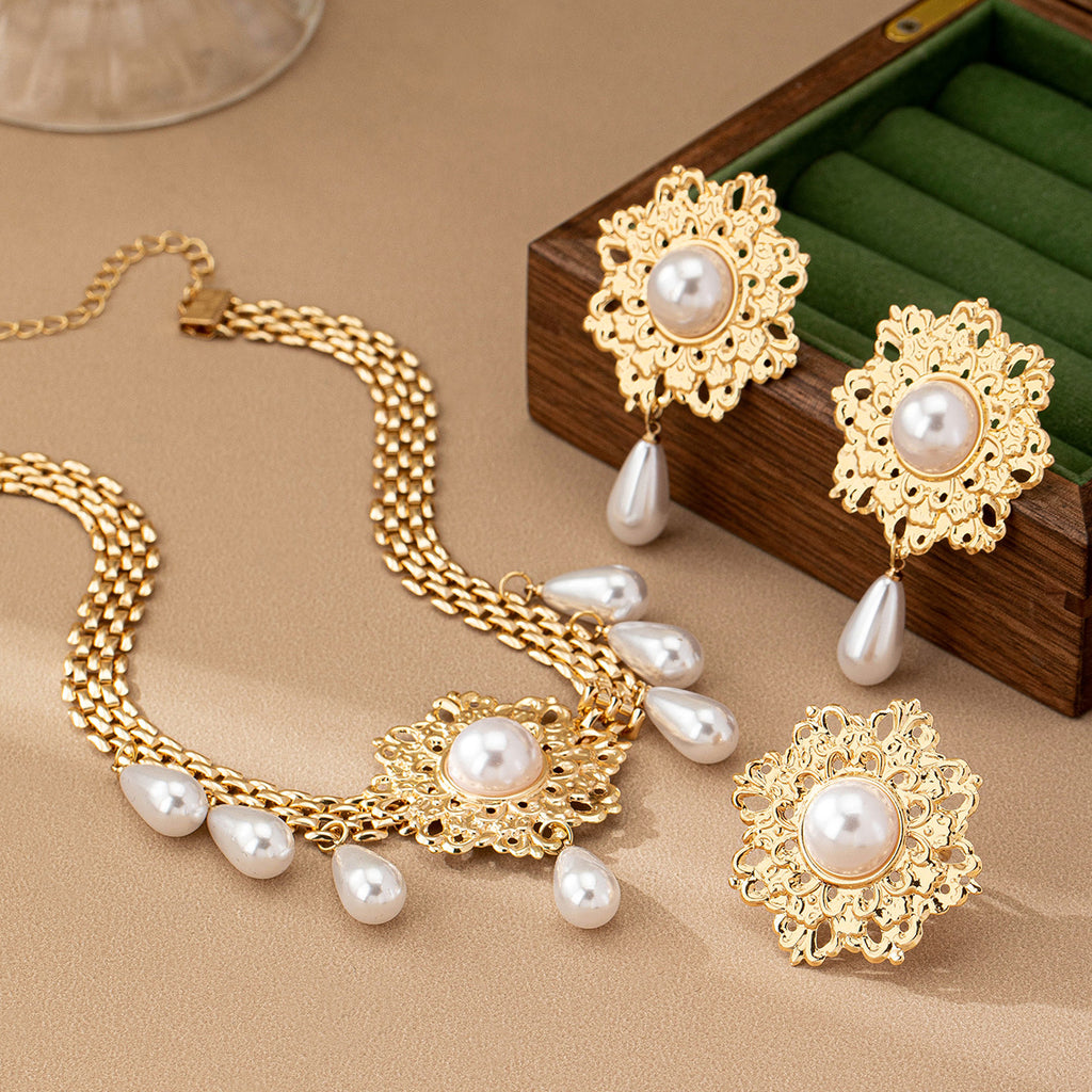French Retro Hollow Flower Pearl Tassel Necklace Ear Stud Ring Maisonore