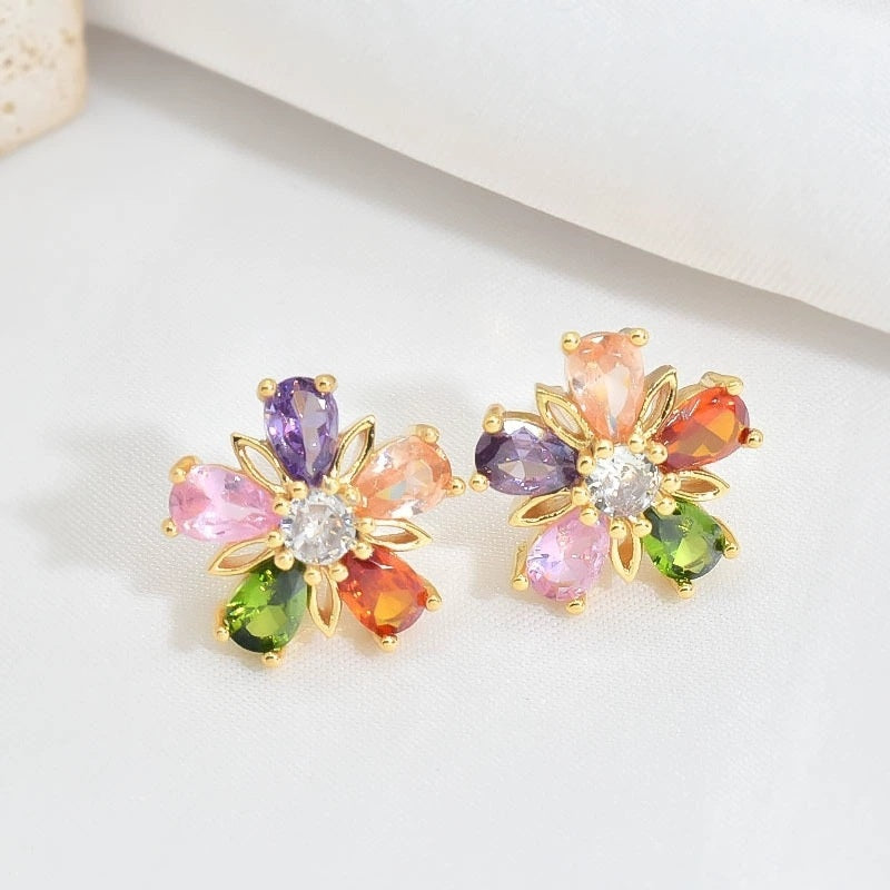 Gold Colorful Crystals Five-petal Flower Ear Stud Necklace Women Maisonore