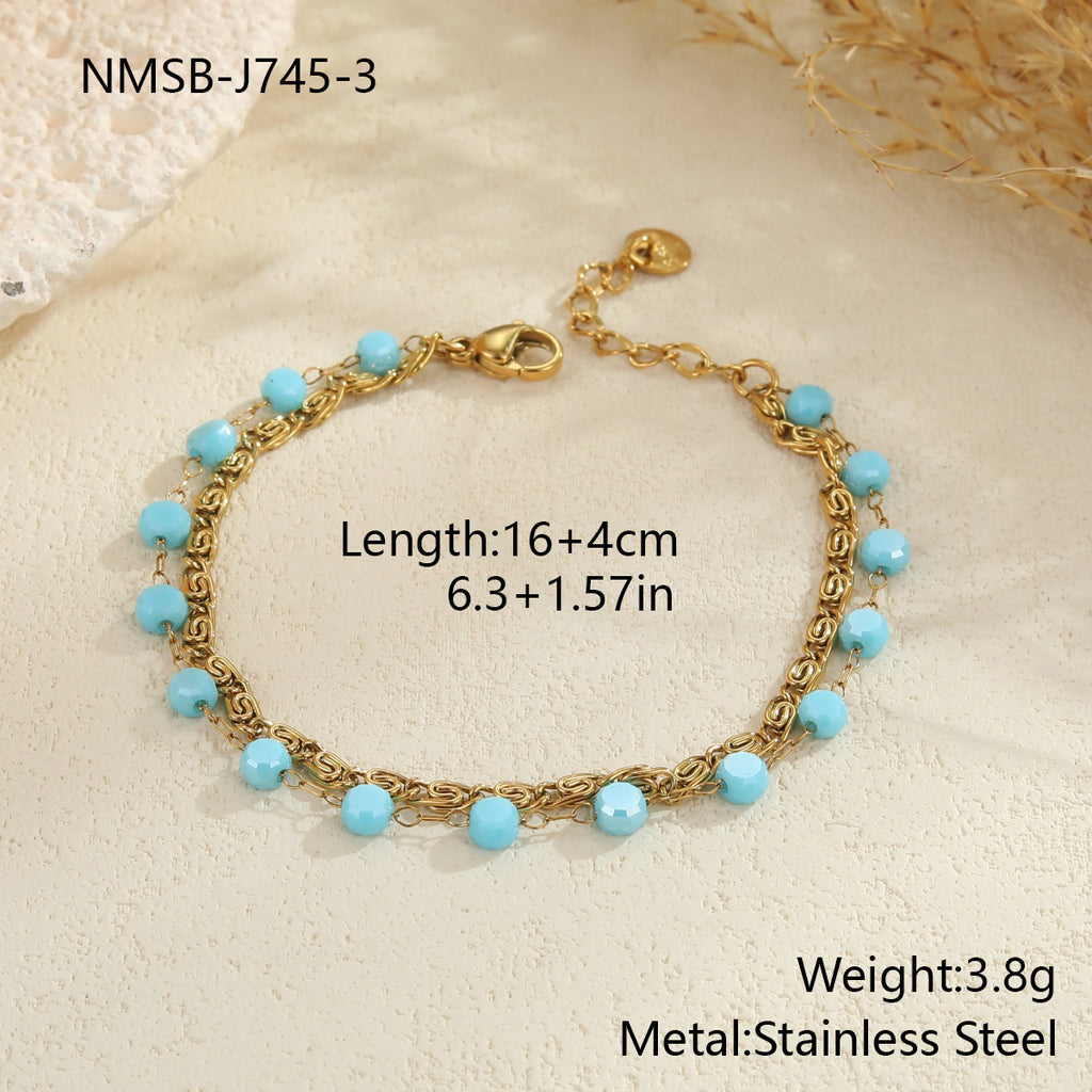 Colorful Beaded Stainless Steel Necklace Gold-plated Double Layer Twin All-match Clavicle Chain Maisonore
