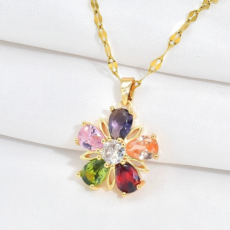 Gold Colorful Crystals Five-petal Flower Ear Stud Necklace Women Maisonore