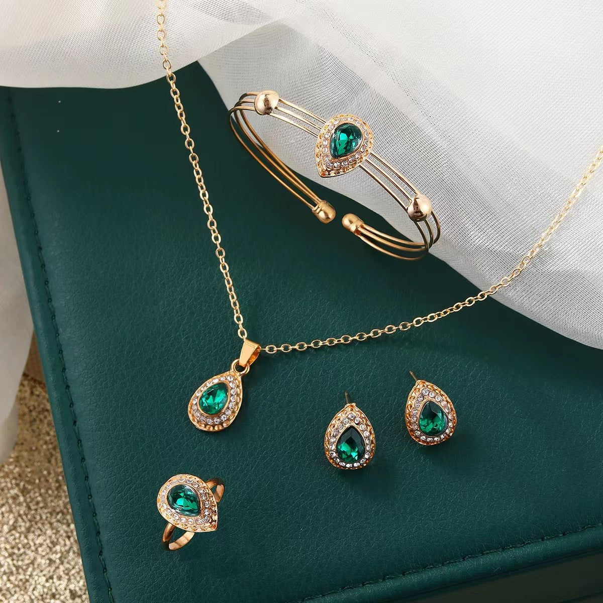 Jewelry Suit Women's Water Drop Gem Series Necklace Earring Ring Bracelet Four-piece Set maisonore shop
