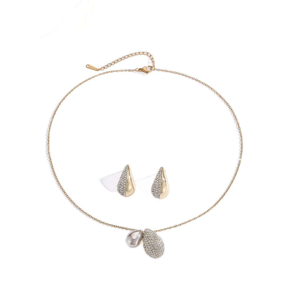 Elliptical Necklace Women's Full Diamond Droplet Shaped Necklace Earring Set Maisonore