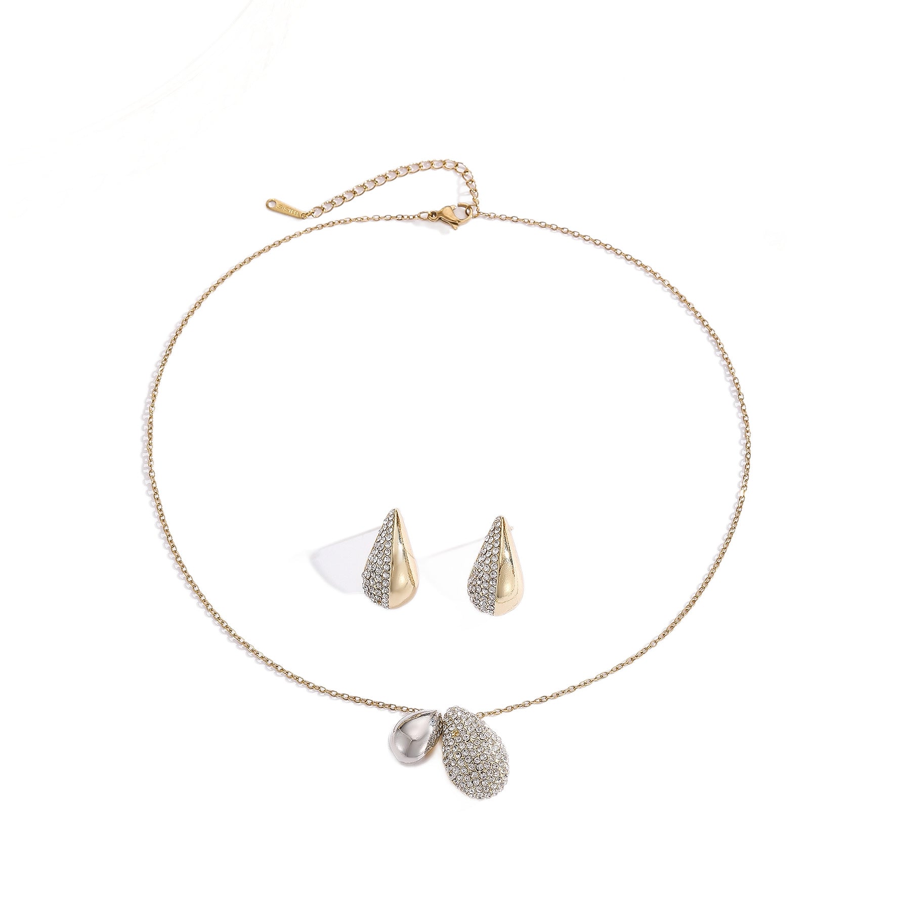 Elliptical Necklace Women's Full Diamond Droplet Shaped Necklace Earring Set Maisonore