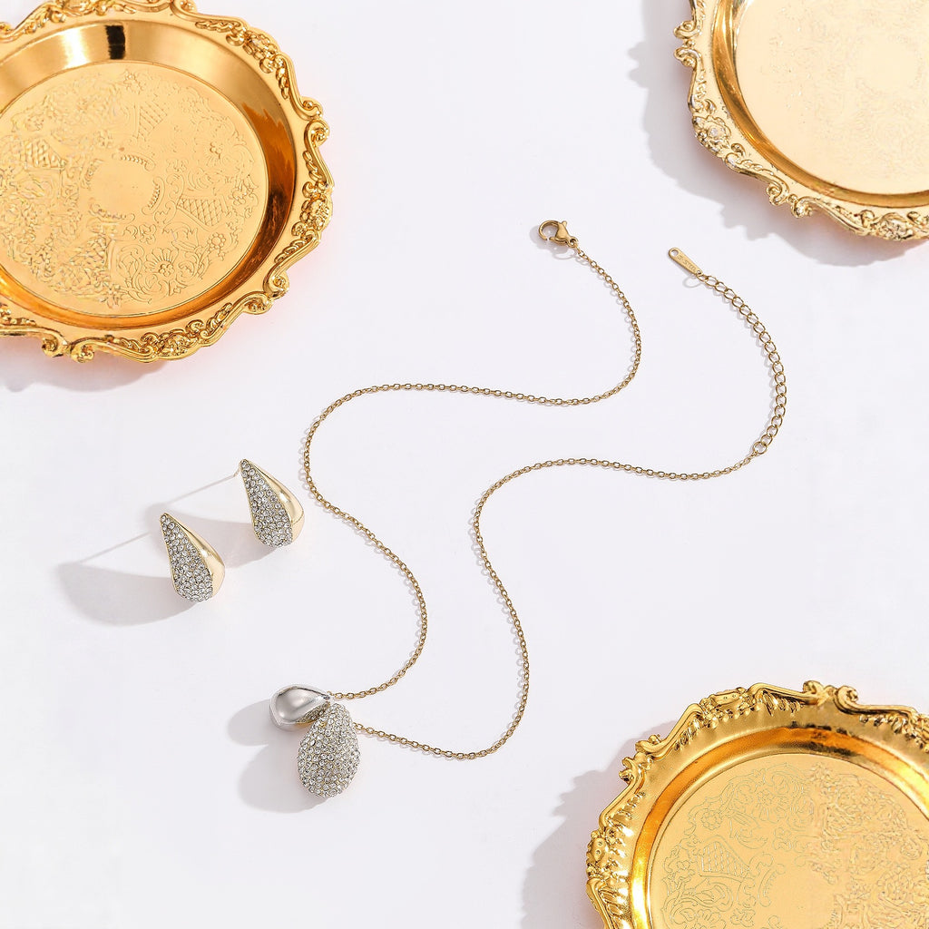 Elliptical Necklace Women's Full Diamond Droplet Shaped Necklace Earring Set Maisonore