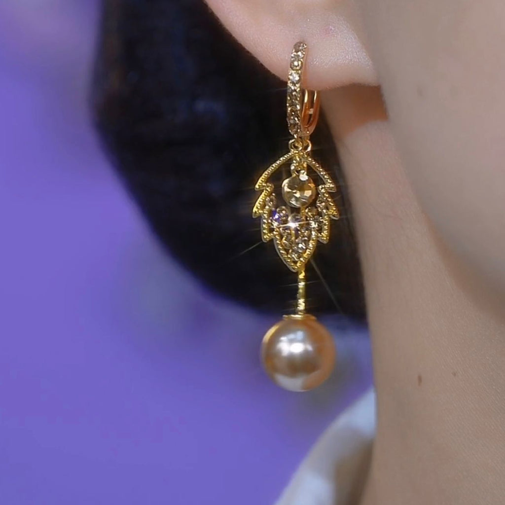 French Entry Lux High-grade Coffee Color Full Diamond Leaf Pearl Earrings Maisonore