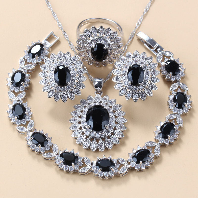 Garnet Cubic Zirconia Earrings Pendant Necklace Bracelet Ring Gift 4 PCs Set maisonore shop