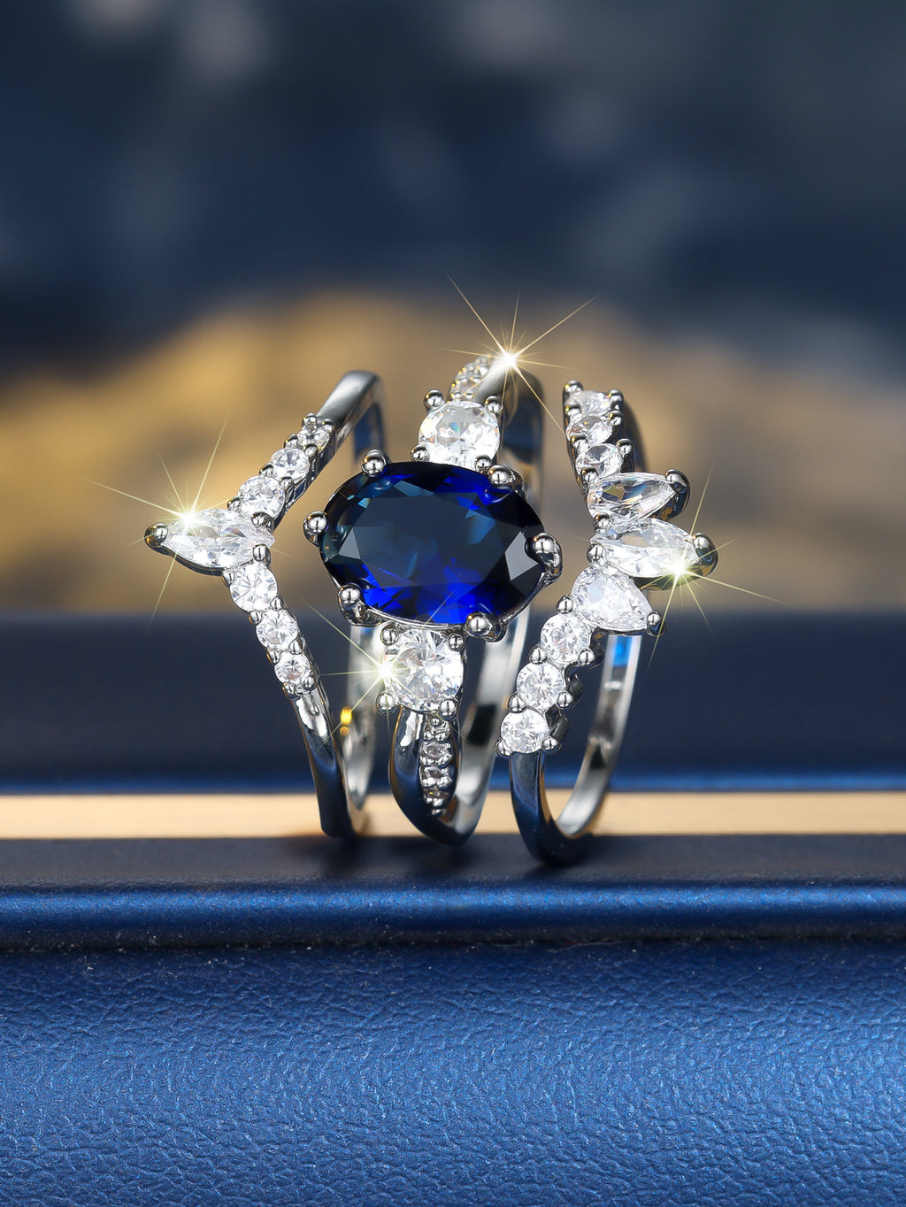 Platinum Egg-shaped Sapphire Blue Diamond Water Drop Shining Three-piece Unique Ring Maisonore