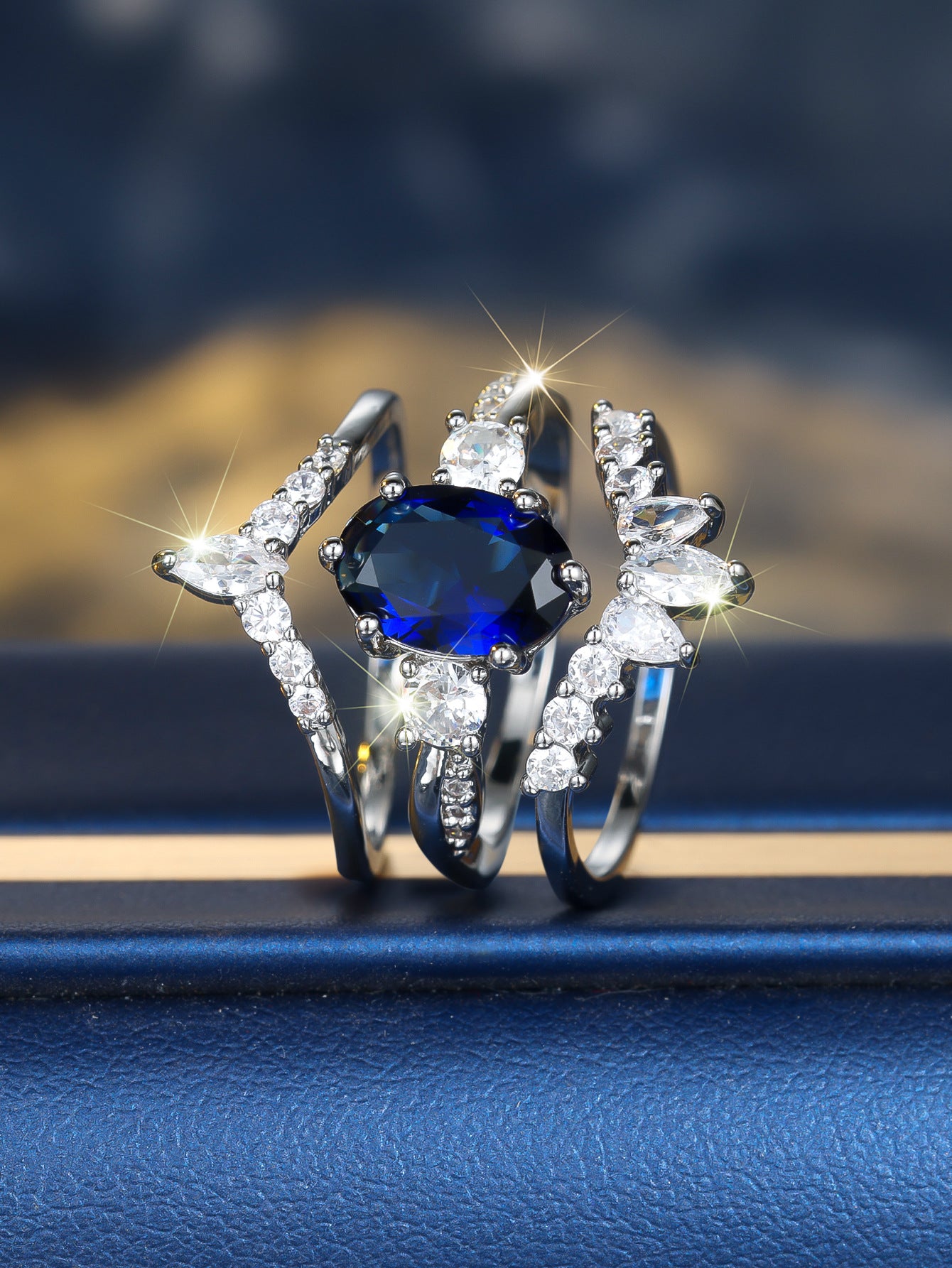 Platinum Egg-shaped Sapphire Blue Diamond Water Drop Shining Three-piece Unique Ring Maisonore