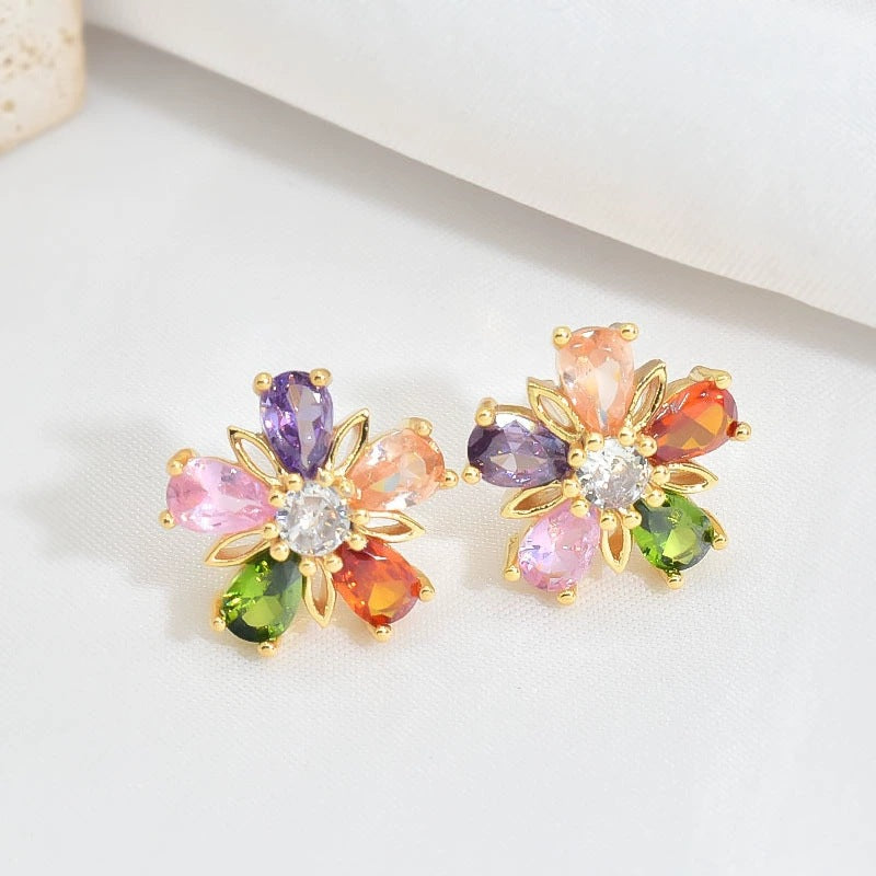 Gold Colorful Crystals Five-petal Flower Ear Stud Necklace Women Maisonore