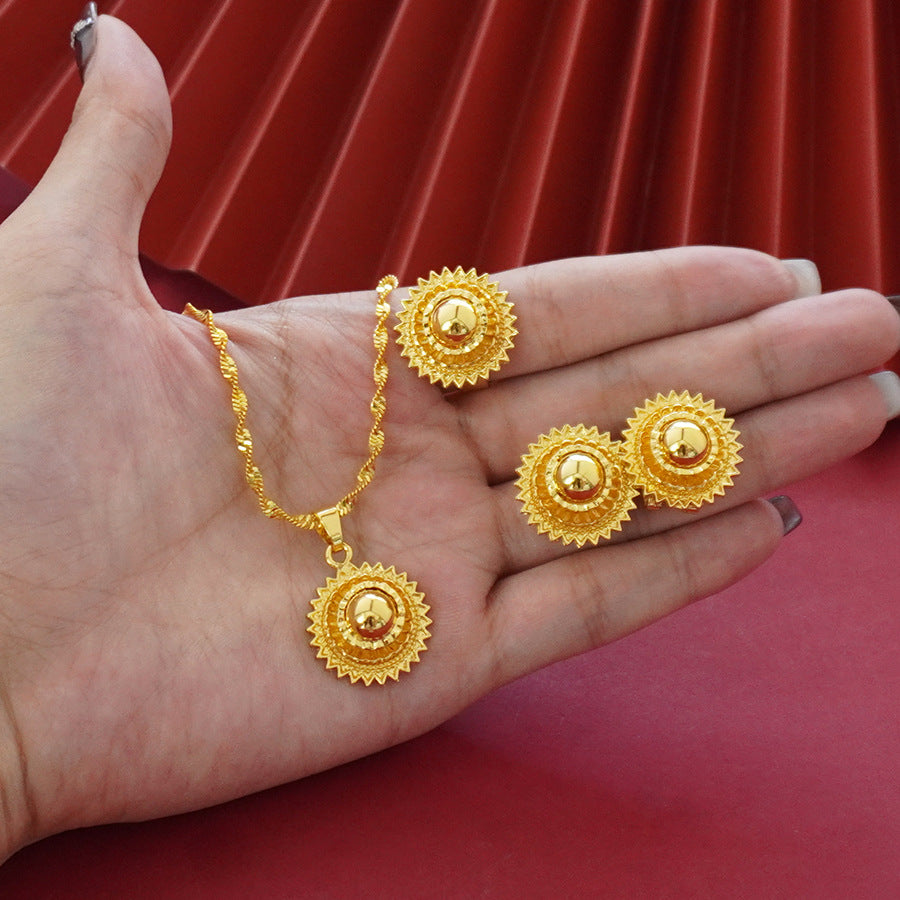 Landscape Middle East Flower Design Gold-plated Necklace Pendant Earring Ring Jewelry Suit Maisonore