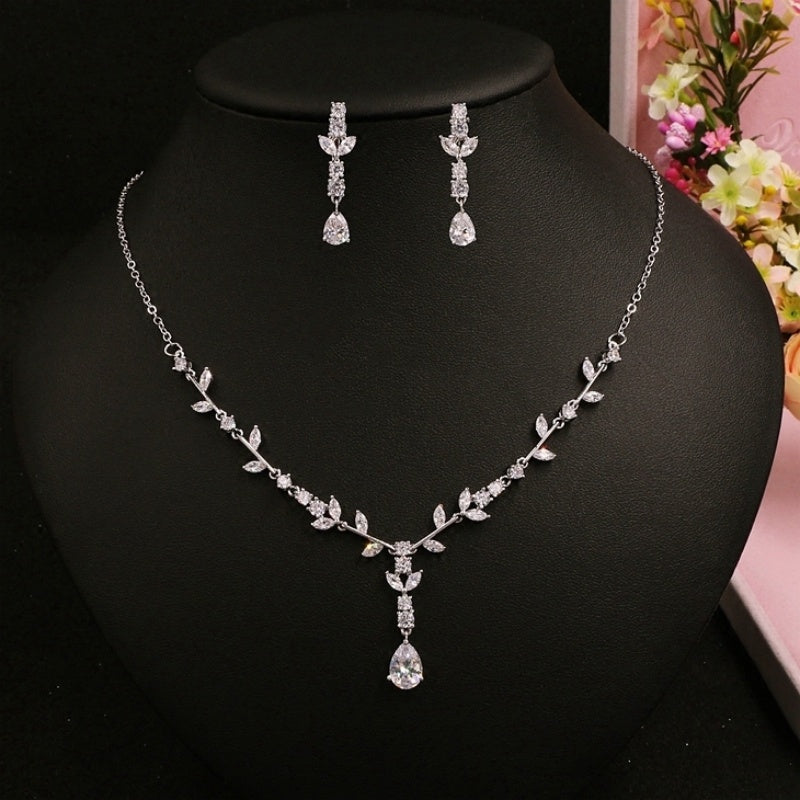 Simple Bridal Zircon Wedding Handmade Ornament Necklace And Earrings Suite maisonore shop