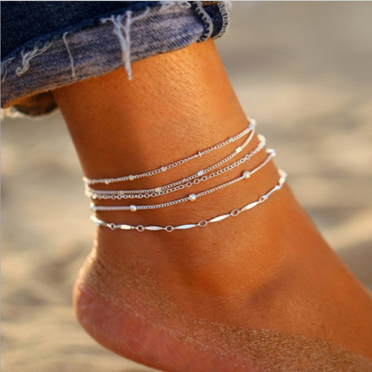 Bohemian-style Flat Snake Chain And Braided Chain Beach Multi-layer Anklet Maisonore
