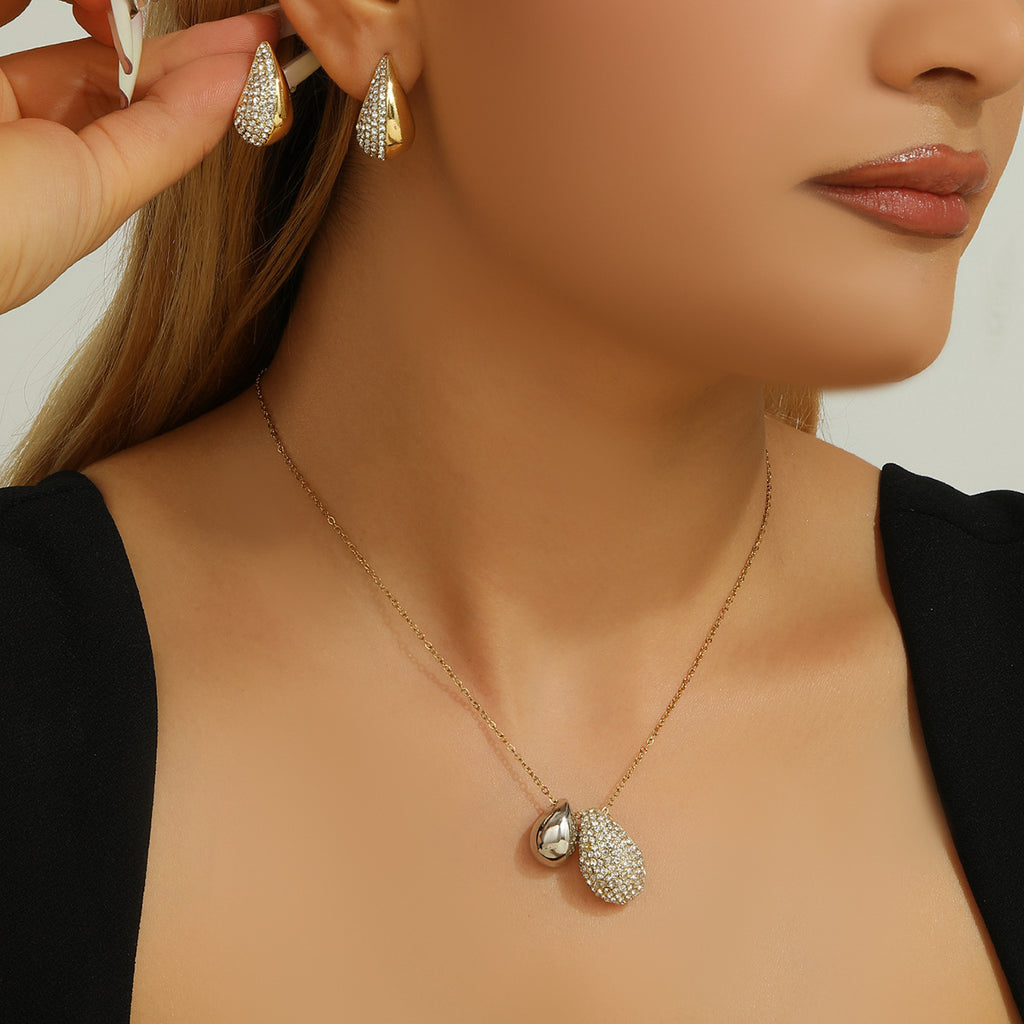 Elliptical Necklace Women's Full Diamond Droplet Shaped Necklace Earring Set Maisonore