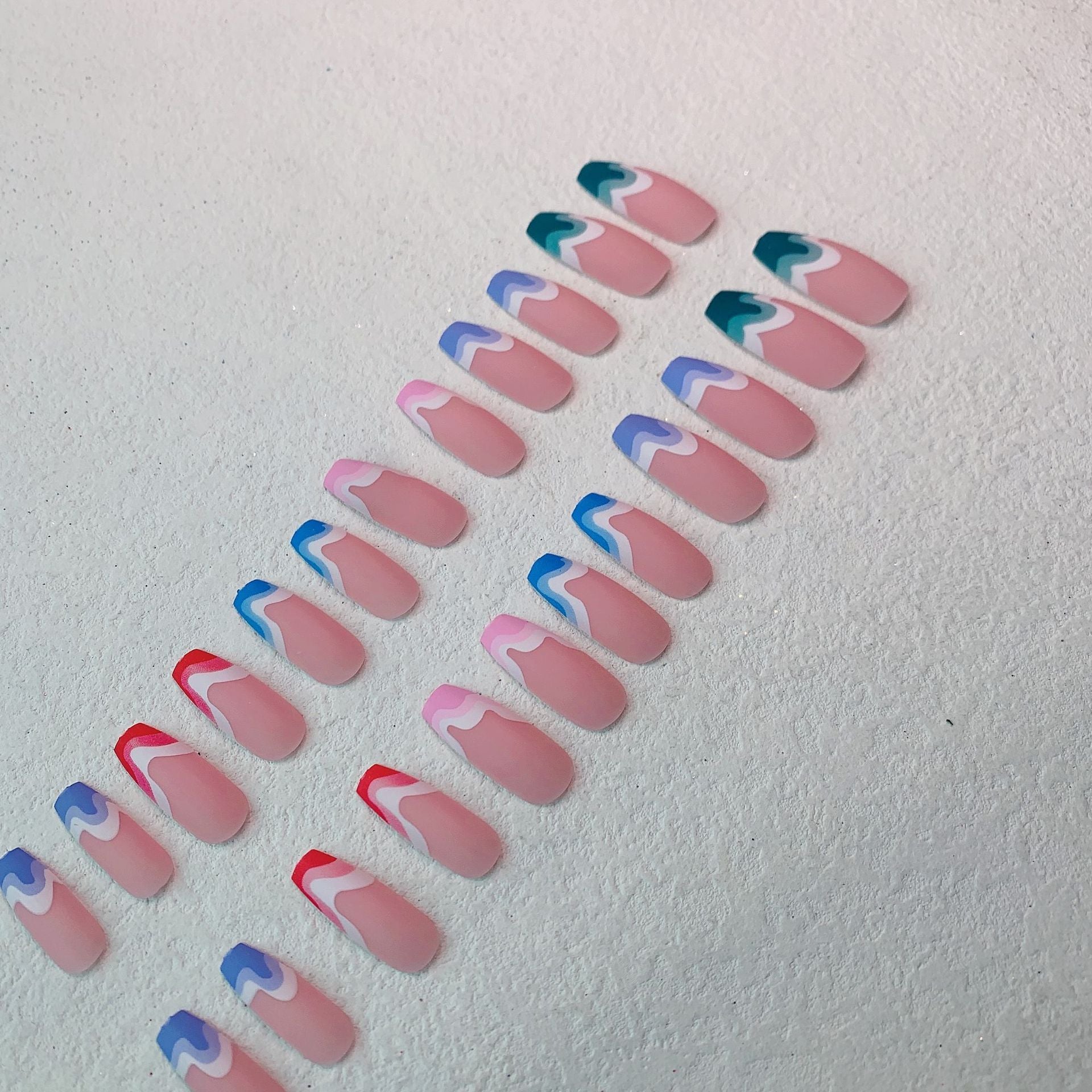 Fake Nails Multicolored Wave Pattern Extra Long Ballerina Frosted Nail Art Maisonore