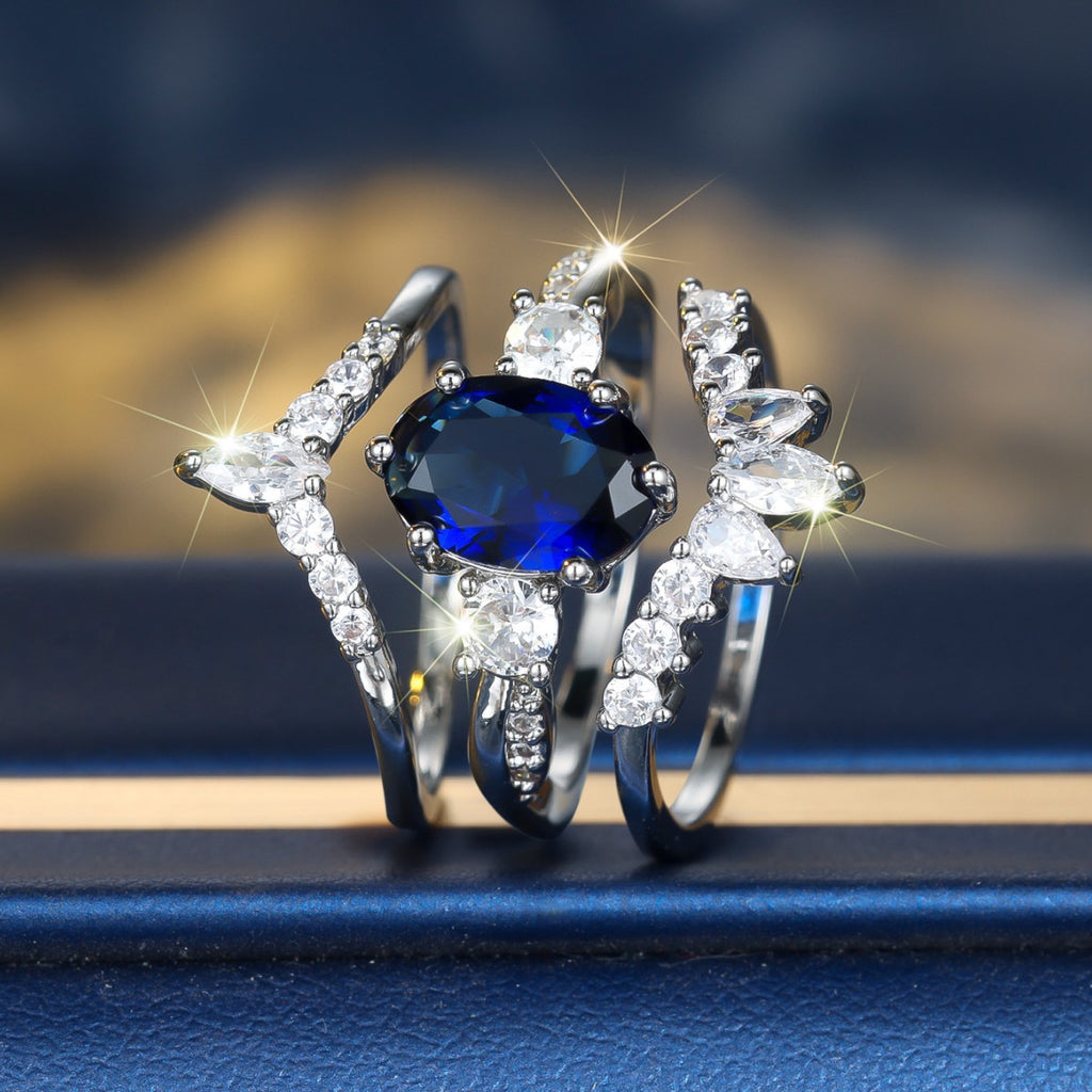Platinum Egg-shaped Sapphire Blue Diamond Water Drop Shining Three-piece Unique Ring Maisonore