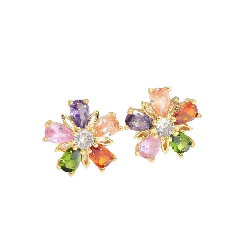 Gold Colorful Crystals Five-petal Flower Ear Stud Necklace Women Maisonore