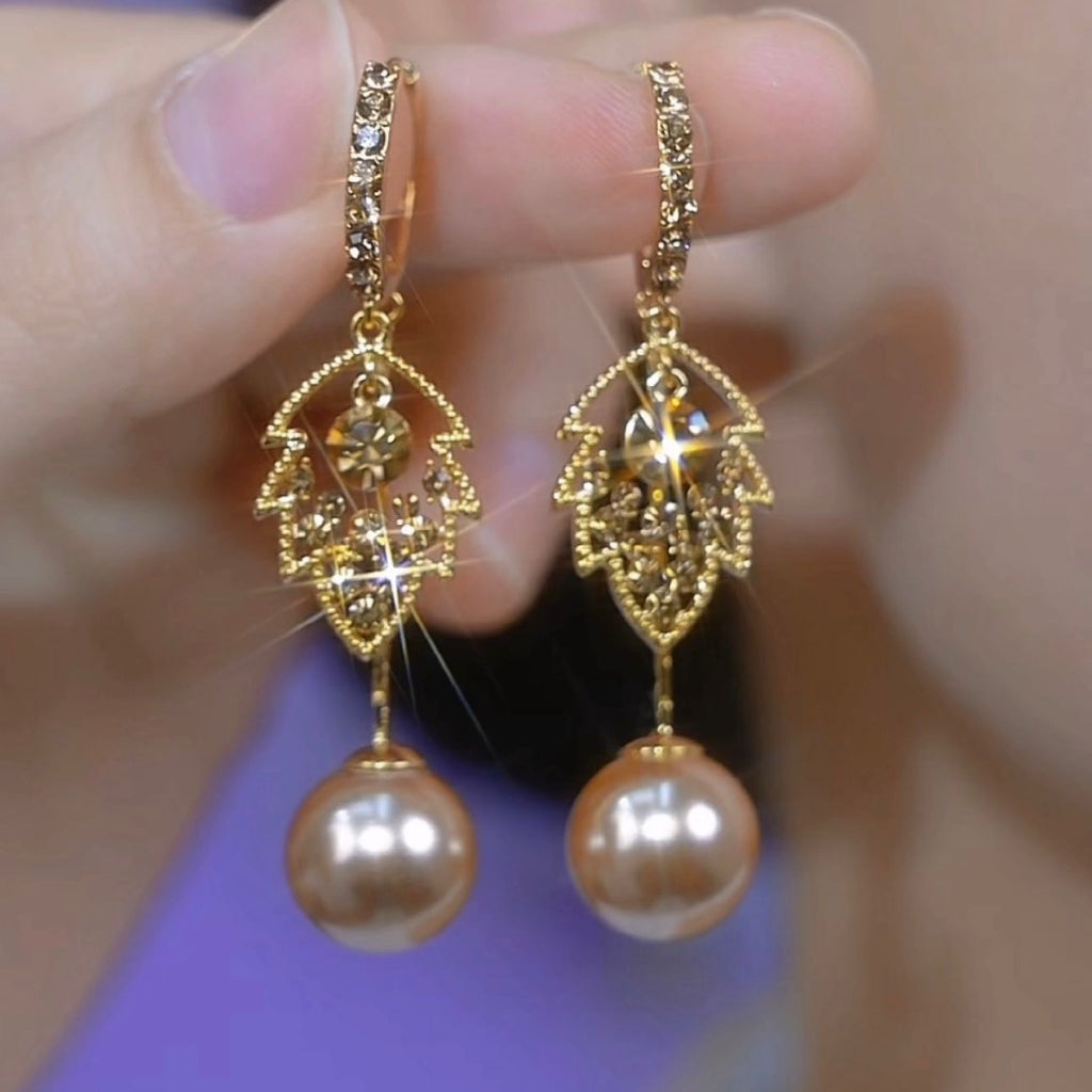 French Entry Lux High-grade Coffee Color Full Diamond Leaf Pearl Earrings Maisonore