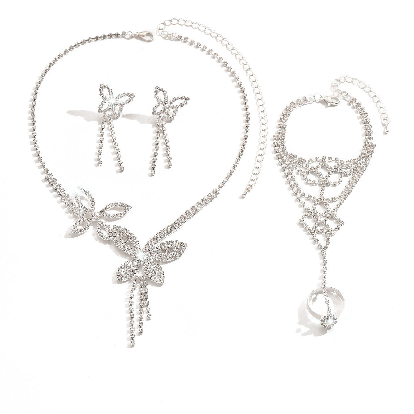 Butterfly Tassel Rhinestone Necklace Earring Bracelet 3 Pieces Suit maisonore shop