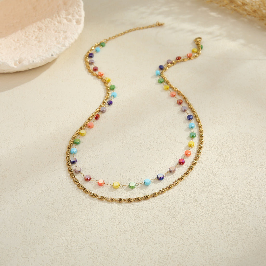 Colorful Beaded Stainless Steel Necklace Gold-plated Double Layer Twin All-match Clavicle Chain Maisonore