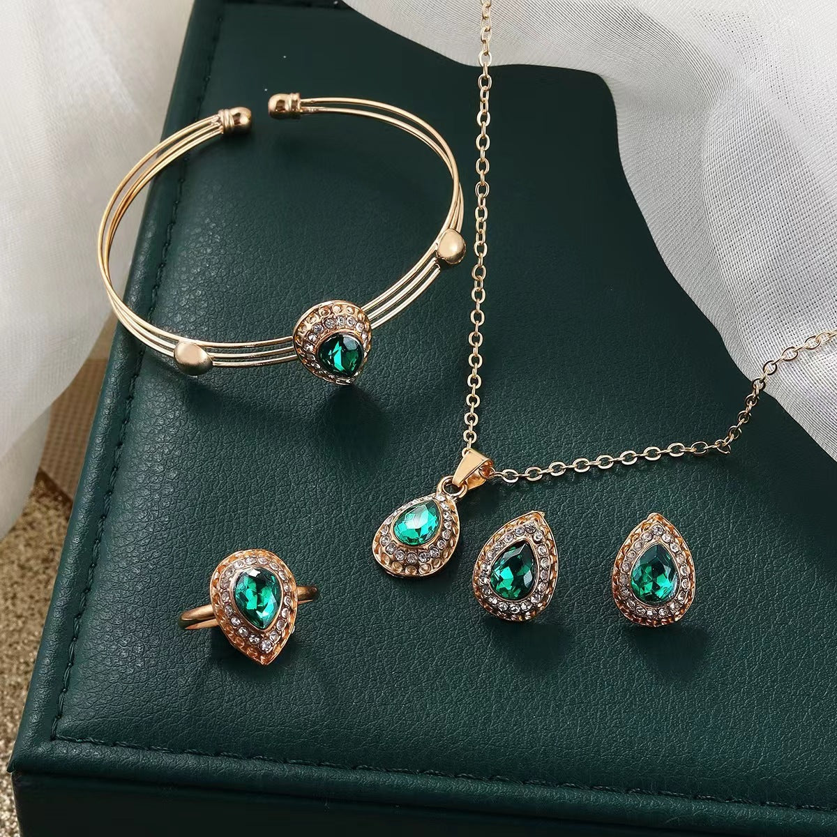 Jewelry Suit Women's Water Drop Gem Series Necklace Earring Ring Bracelet Four-piece Set maisonore shop