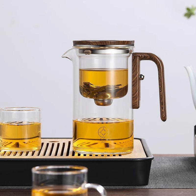 One Click Magnetic Teapot Separation Filtration Glass Tea Pot Wood Handle Tea Water Separation Inner Container Teapot Maisonore