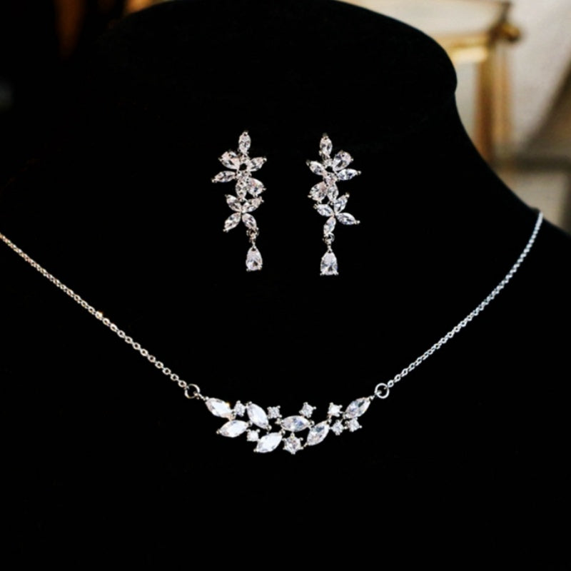 French Exquisite Zircon Leaves Super Fairy Bridal Wedding Necklace Earrings maisonore shop