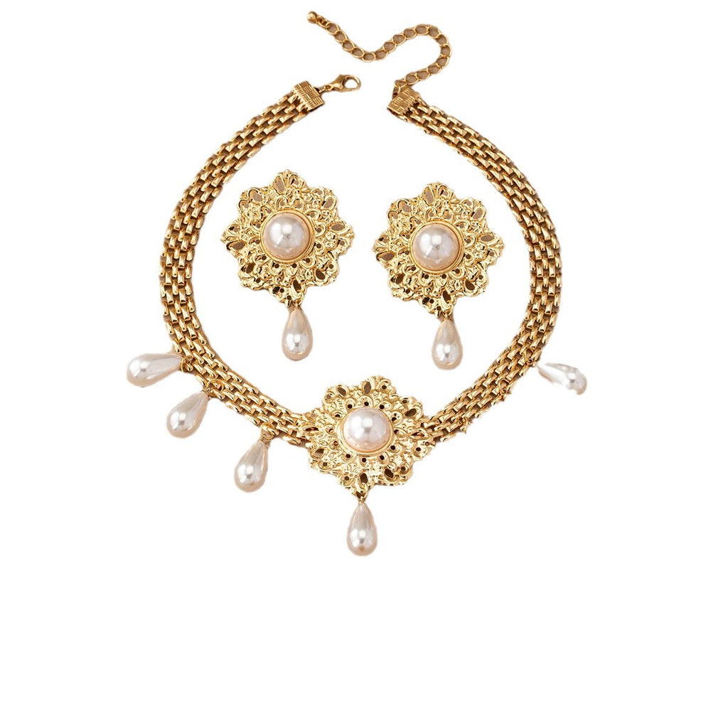 French Retro Hollow Flower Pearl Tassel Necklace Ear Stud Ring Maisonore