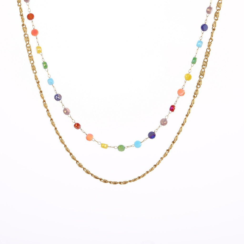 Colorful Beaded Stainless Steel Necklace Gold-plated Double Layer Twin All-match Clavicle Chain Maisonore