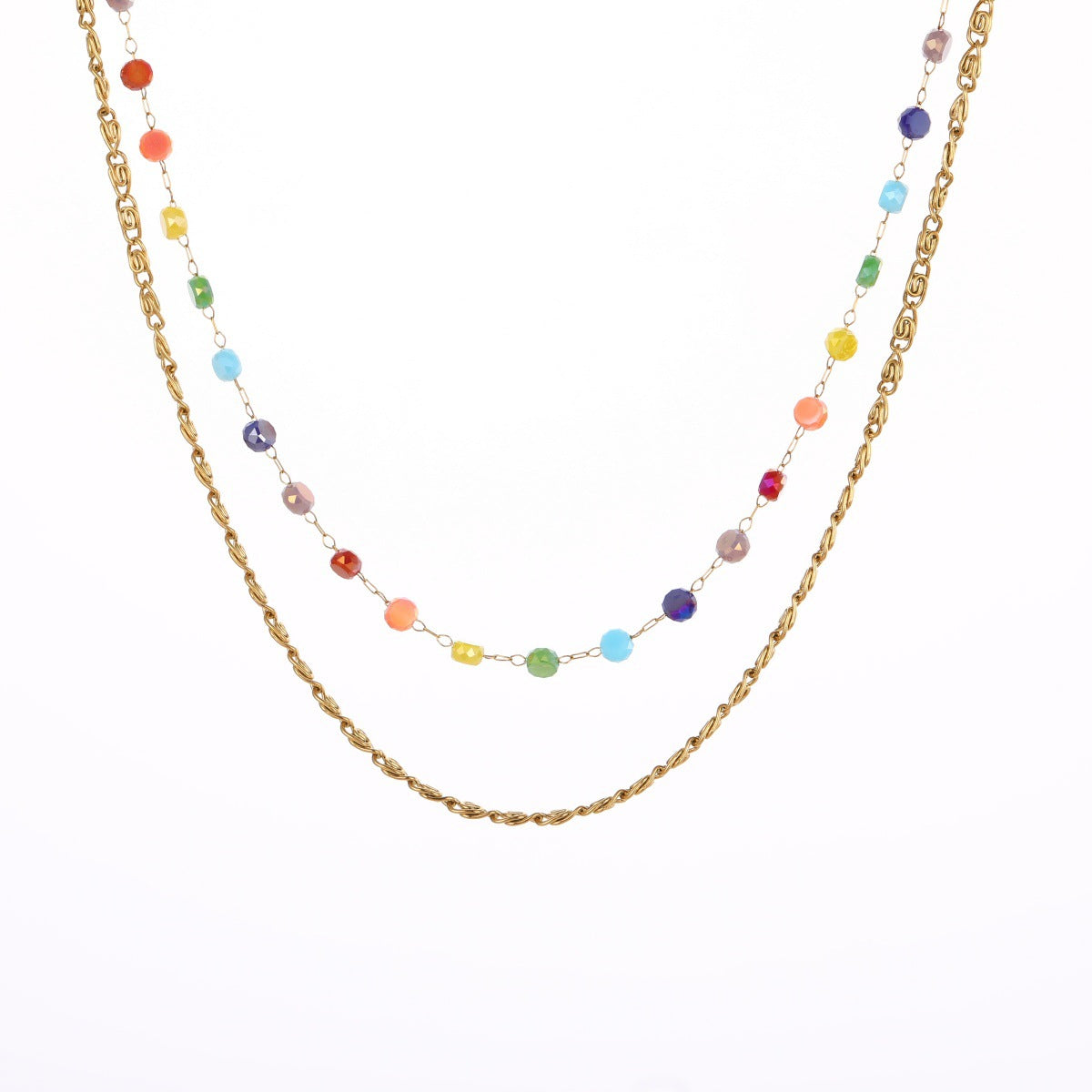Colorful Beaded Stainless Steel Necklace Gold-plated Double Layer Twin All-match Clavicle Chain Maisonore