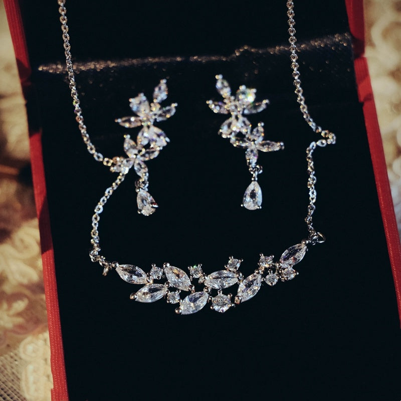 French Exquisite Zircon Leaves Super Fairy Bridal Wedding Necklace Earrings maisonore shop