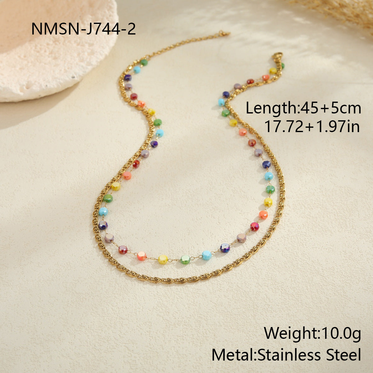 Colorful Beaded Stainless Steel Necklace Gold-plated Double Layer Twin All-match Clavicle Chain Maisonore