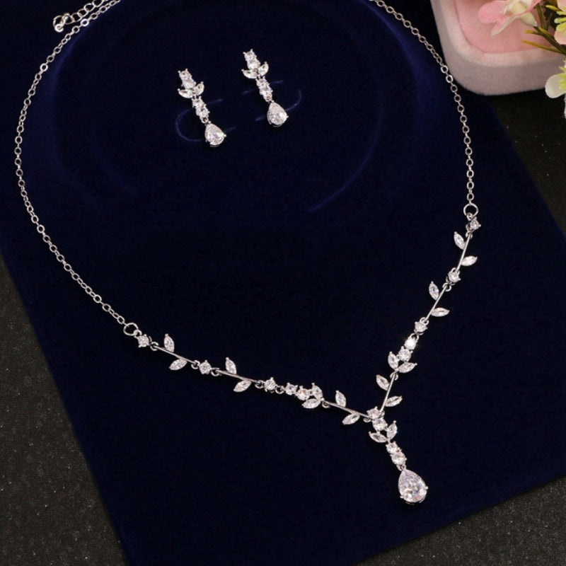 Simple Bridal Zircon Wedding Handmade Ornament Necklace And Earrings Suite maisonore shop