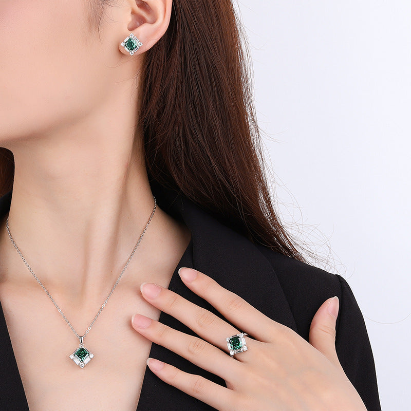 S925 Silver High Carbon Emerald Diamond Princess Square Diamond Set Maisonore