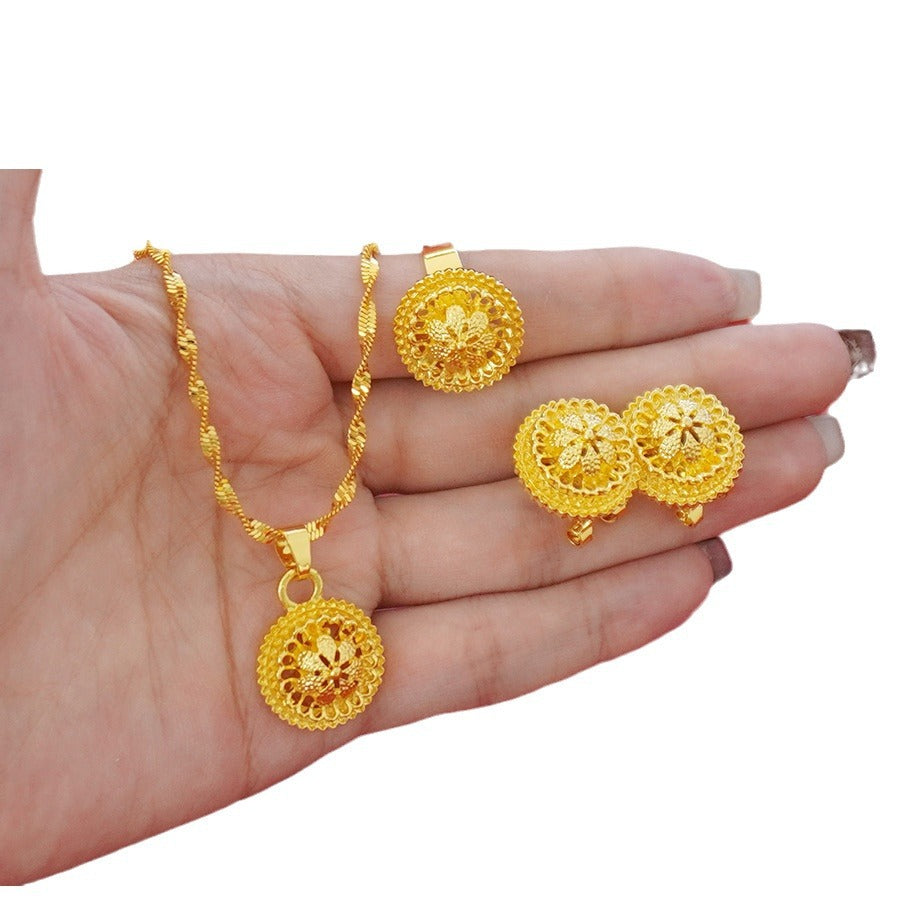 Landscape Middle East Flower Design Gold-plated Necklace Pendant Earring Ring Jewelry Suit Maisonore