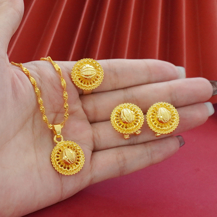 Landscape Middle East Flower Design Gold-plated Necklace Pendant Earring Ring Jewelry Suit Maisonore