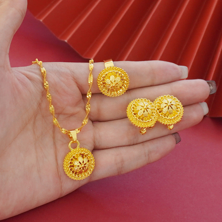 Landscape Middle East Flower Design Gold-plated Necklace Pendant Earring Ring Jewelry Suit Maisonore