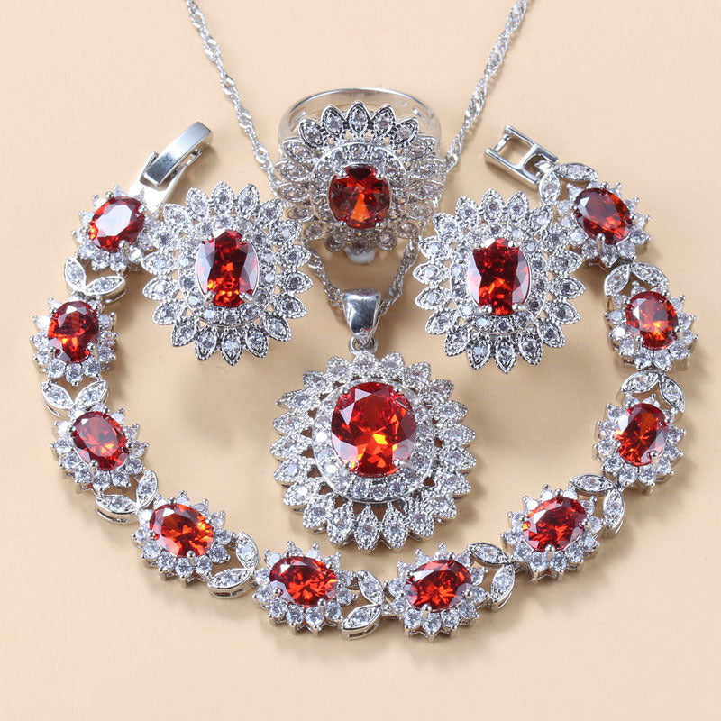 Garnet Cubic Zirconia Earrings Pendant Necklace Bracelet Ring Gift 4 PCs Set maisonore shop